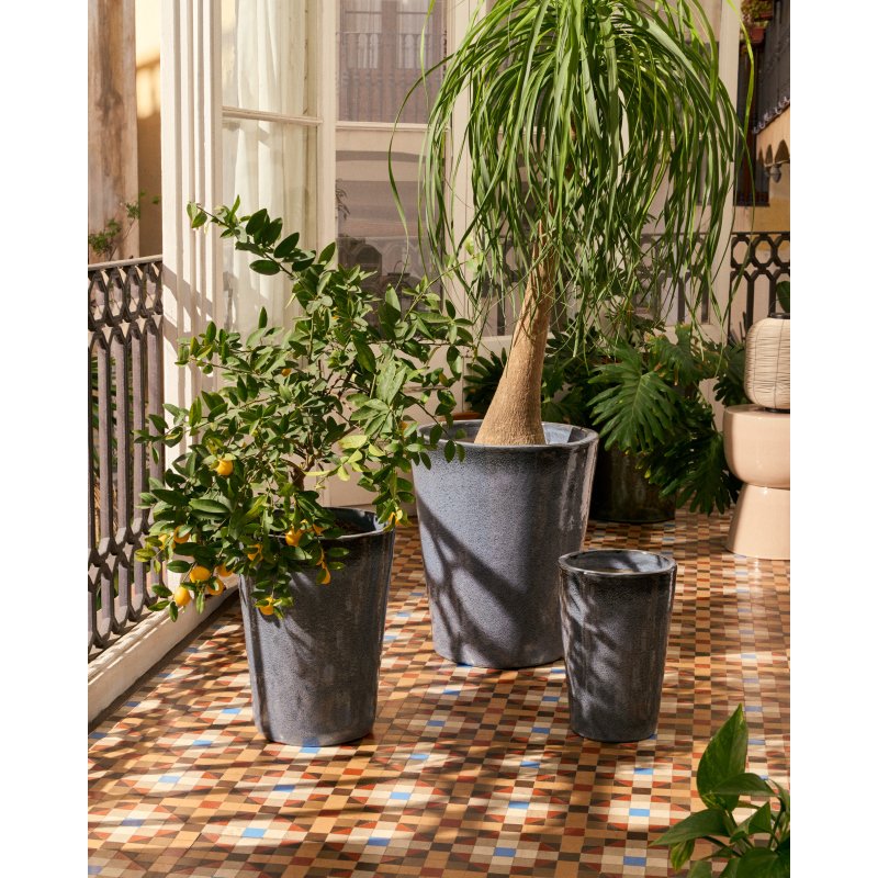 Ensemble Rotja de 3 pots de fleurs en terre cuite, finition bleue émaillée Ø 26 / 35 / 47 cm