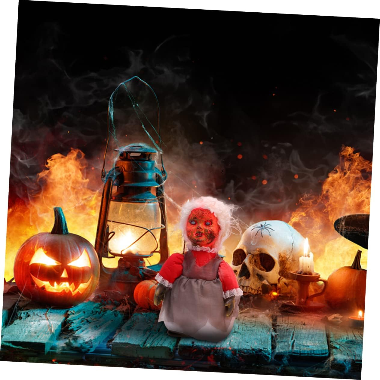 (28cm) Halloween Horror Puppe Party Deko Laufende Babypuppe mit Grusel Musik / Licht (Batteriebetrieben) - Grau / Rot