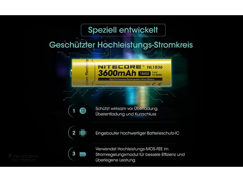 Nitecore Akku NL1836 Li-Ion Typ 18650 3600 mAh, 1 Stück Li-Ion Akku