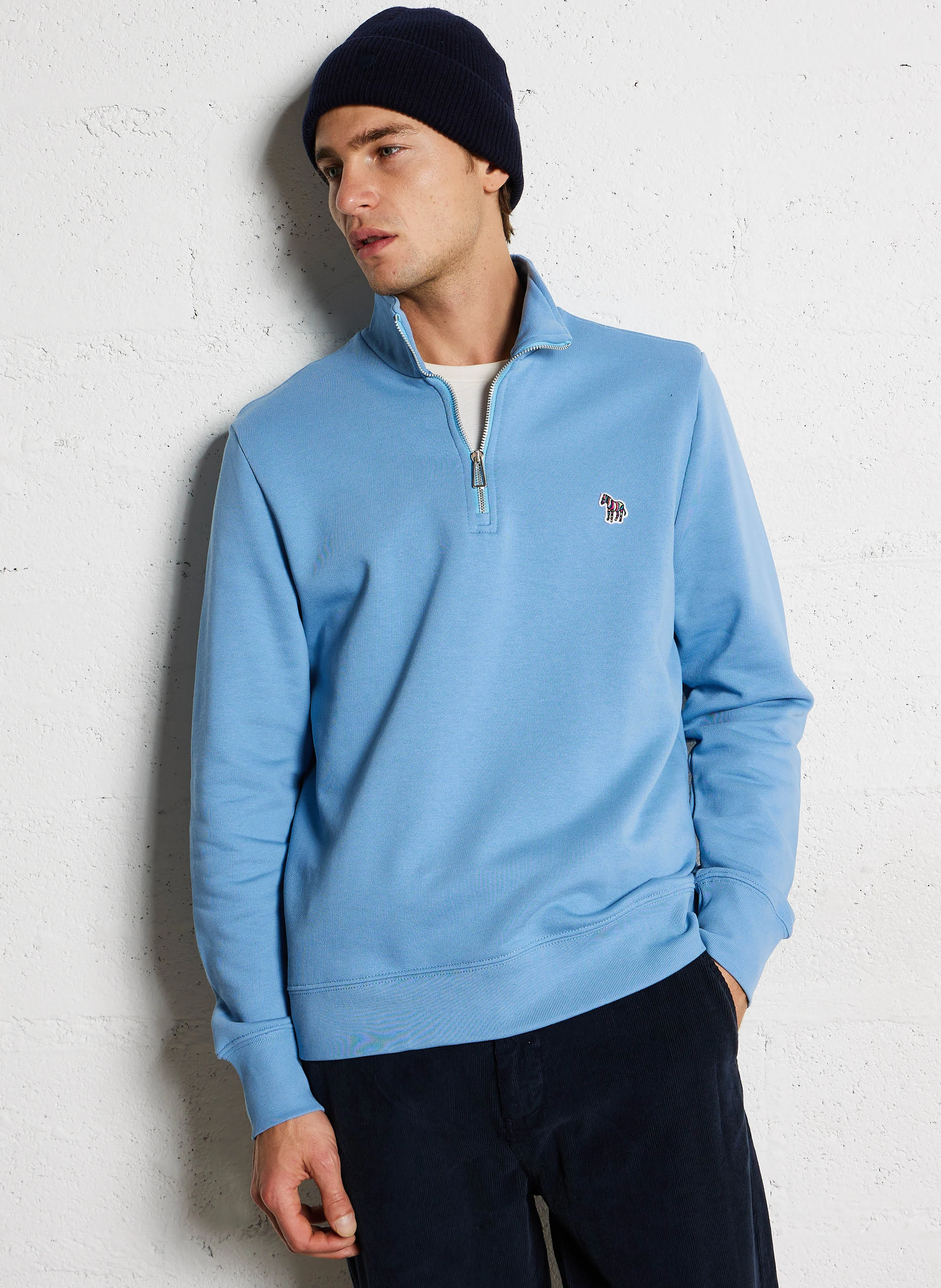 Pull col zippé en coton organique | Bleu