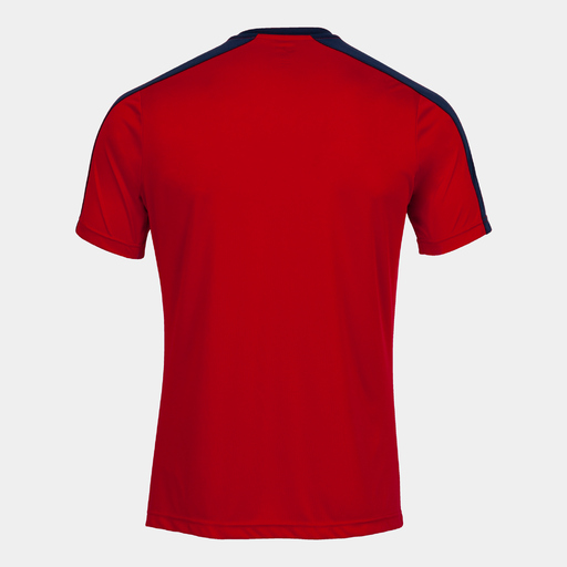 Camiseta Joma Eco Championship de manga curta, azul marinho e vermelha.