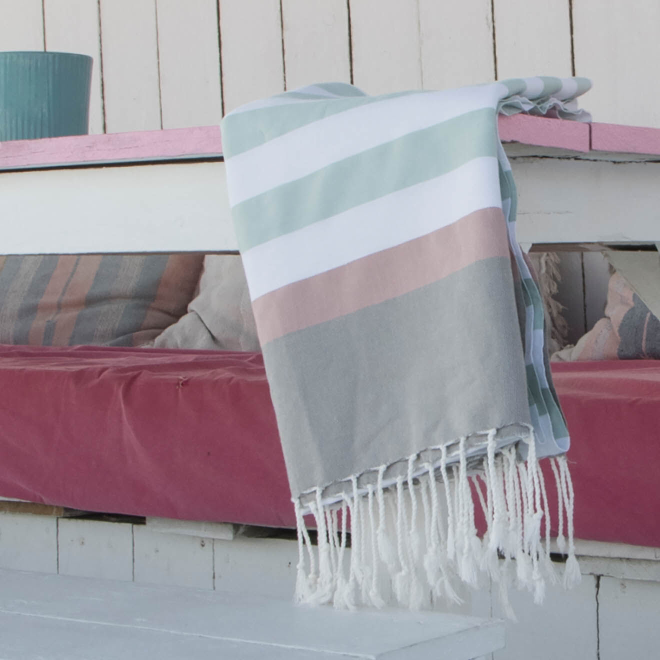 Febronie Fouta Arcachon vert d'eau/blanc/rose pâle/gris perle - 100x200 cm