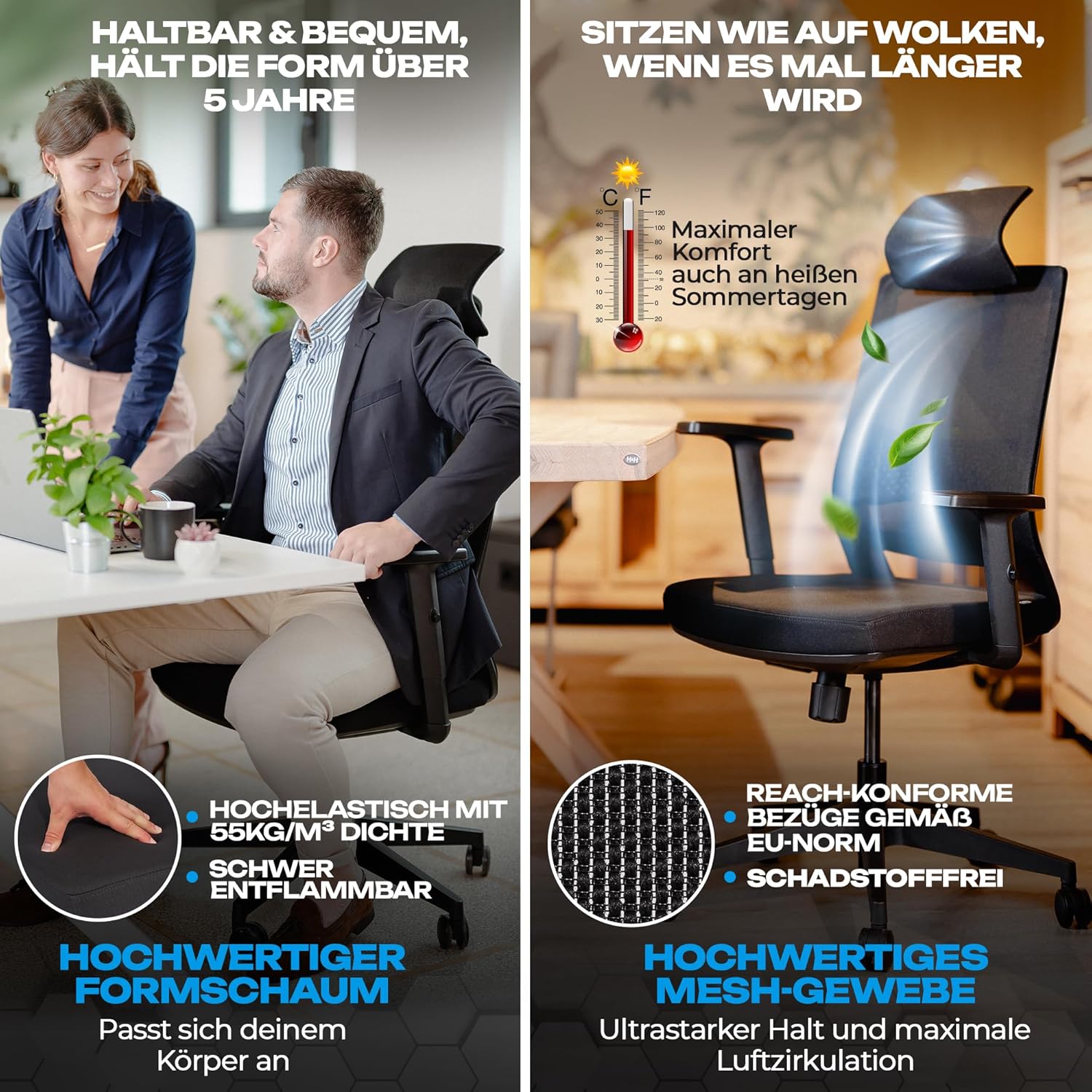 M2 Bürostuhl Ergonomisch Testsieger – Höhenverstellbarer Schreibtischstuhl bequem mit Lendenwirbelstütze, Atmungsaktiver Netzrücken, 360° Drehstuhl, Bürostühle Büro und Home Office Chair
