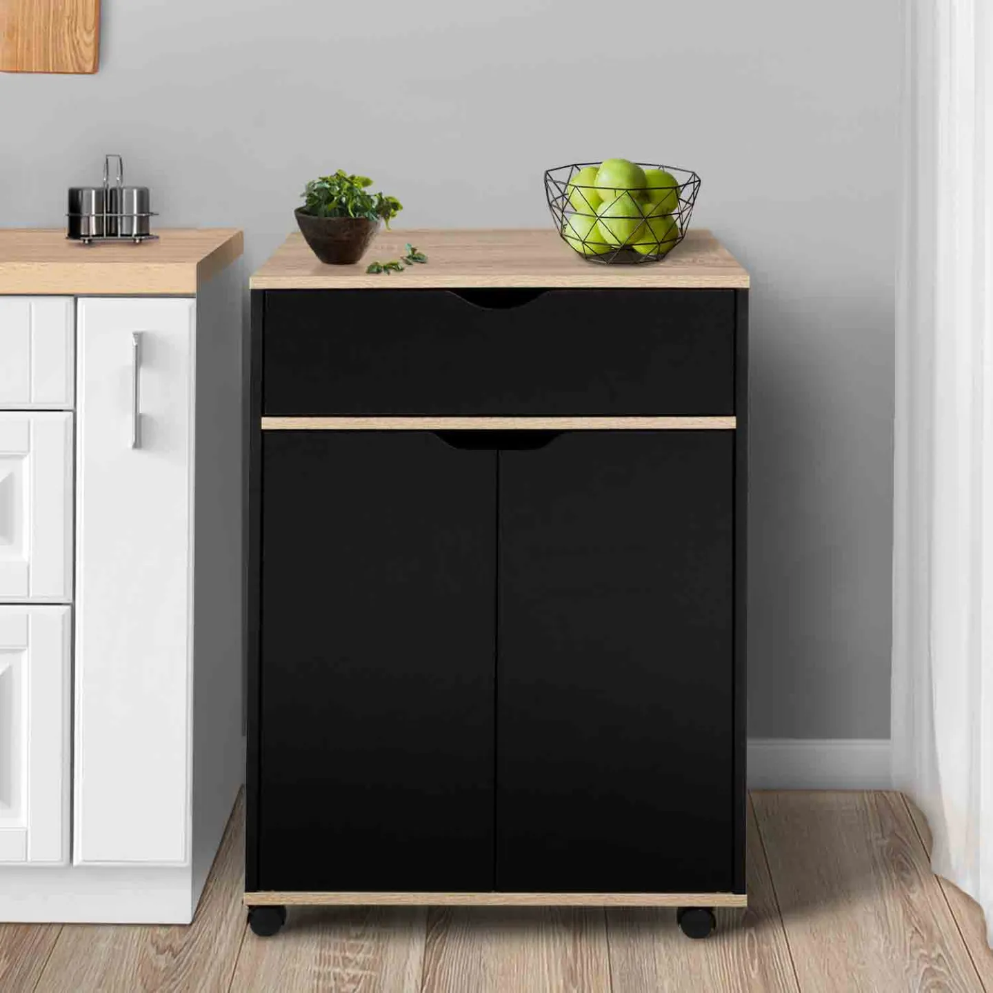 Desserte de cuisine COSY placard avec tiroir bois noir et plateaux façon hêtre L.60 CM