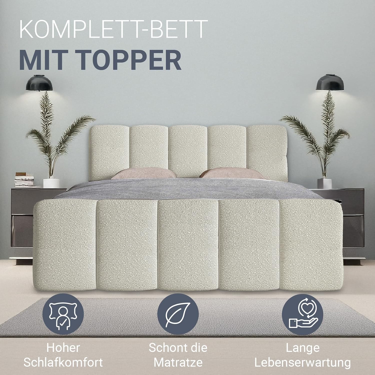 Juskys Boxspringbett Manitoba 180 x 200 cm - Modernes Design mit Bouclé-Stoff, Gepolstertes Kopfteil, Inkl. Topper - Beige