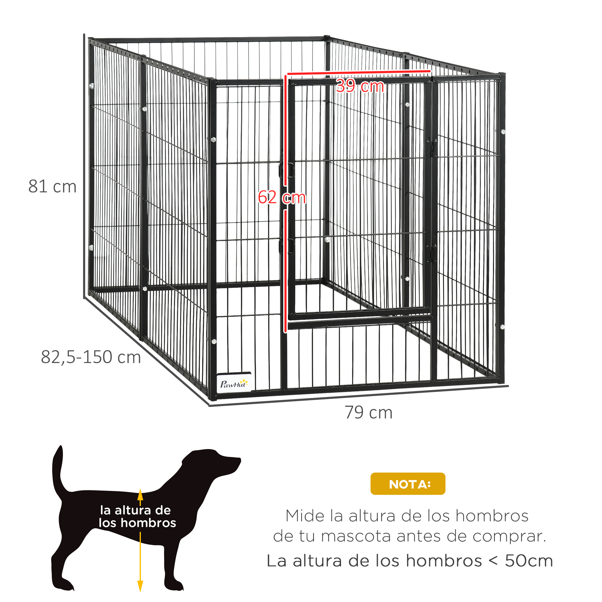 Cercado para cães PawHut com 6 painéis, cerca metálica para animais de estimação com largura ajustável e estrutura de aço, 82,5-150x79x101 cm, preto.