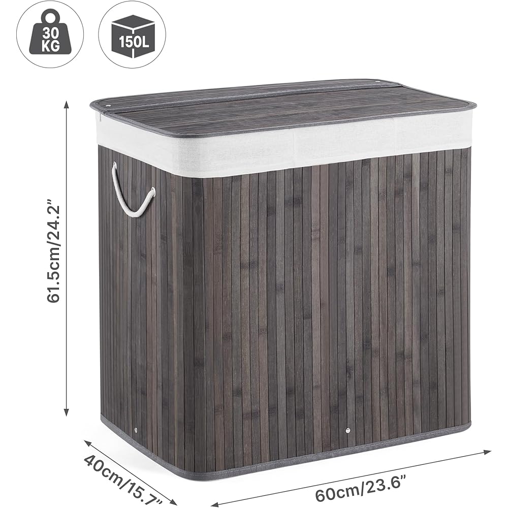 Mondeer Panier à Linge 150L avec Couvercle, 3 Compartiments，Corbeille en Bambou Naturel Boîte de Rangement à Linge Pliable avec Couvercle Amovible pour Buanderie, Chambre, 61.5 x 40 x 60 cm, Gris : Cuisine et Maison