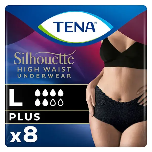 Calcinha Tena Silhouette de cintura alta, preta, tamanho G (plus size) - pacote com 8 unidades