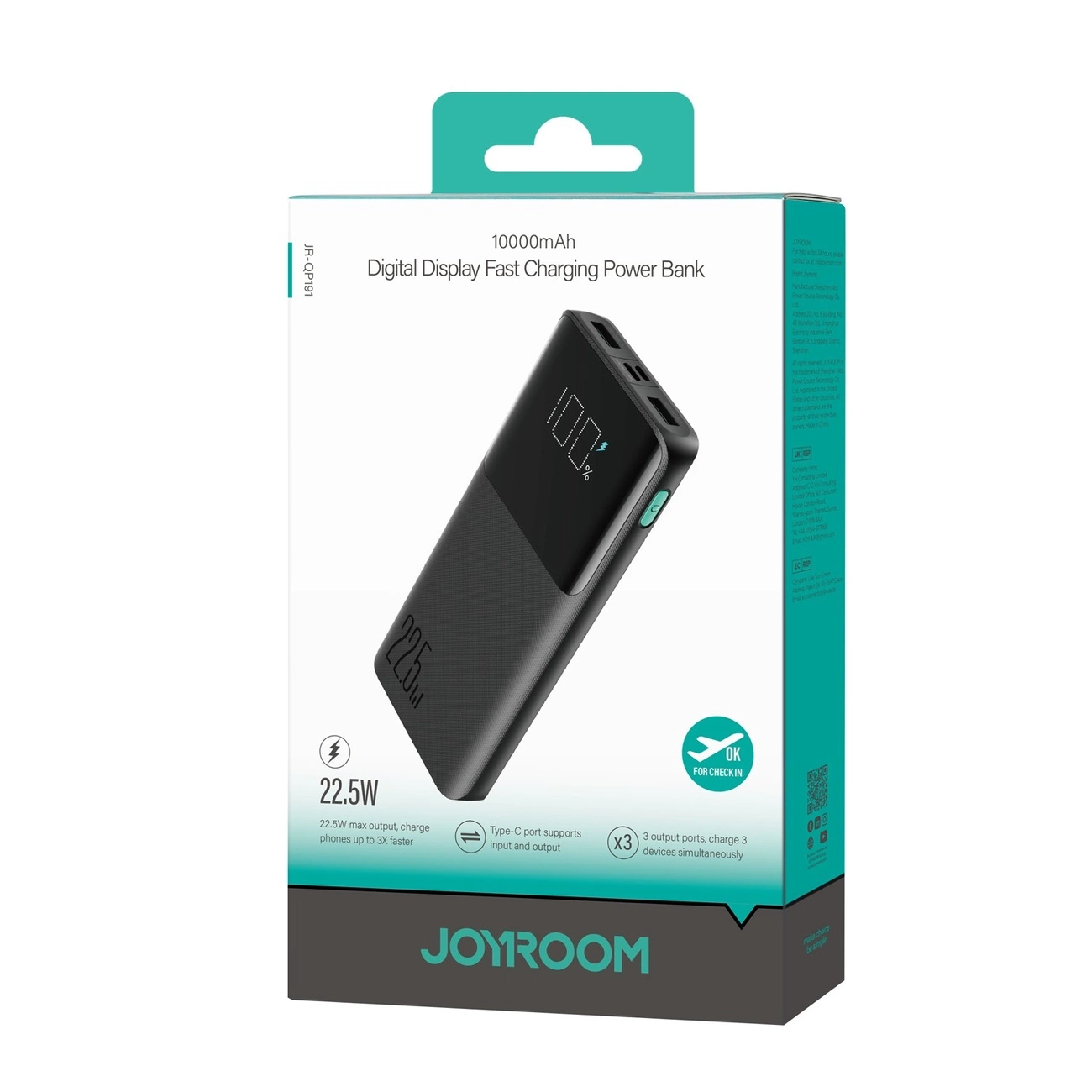 (22.5W) 10000mAh Dual USB A / USB C Powerbank Power Delivery Ladegerät (JR-QP191) - Schwarz