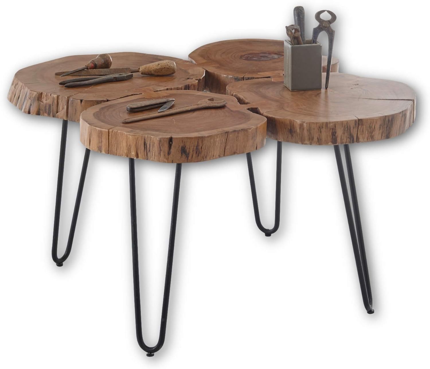 Stella Trading COLE MINI Couchtisch Baumscheibe Akazie Massivholz mit schwarzem Metallgestell - natürlicher Sofatisch für Ihren Wohnbereich - 78 x 56 x 72 cm (B/H/T)