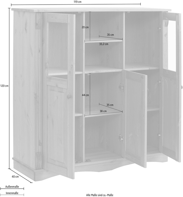 Home affaire Highboard »Teresa« Masse (B/T/H): 119/40/120 cm,  Vitrine, Türen mit Glaseinsätzen, aus massiver Kiefer, FSC®
