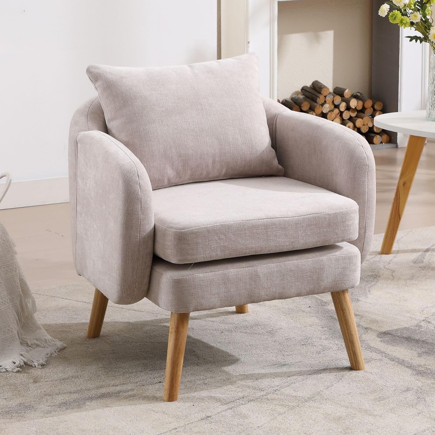 Moderner Sessel aus Chenille Einzelsofa Wohnzimmer Loungesessel mit Armlehnen gepolsterter Armlehnensessel Ohrensessel mit Holzbeinen, Grau
