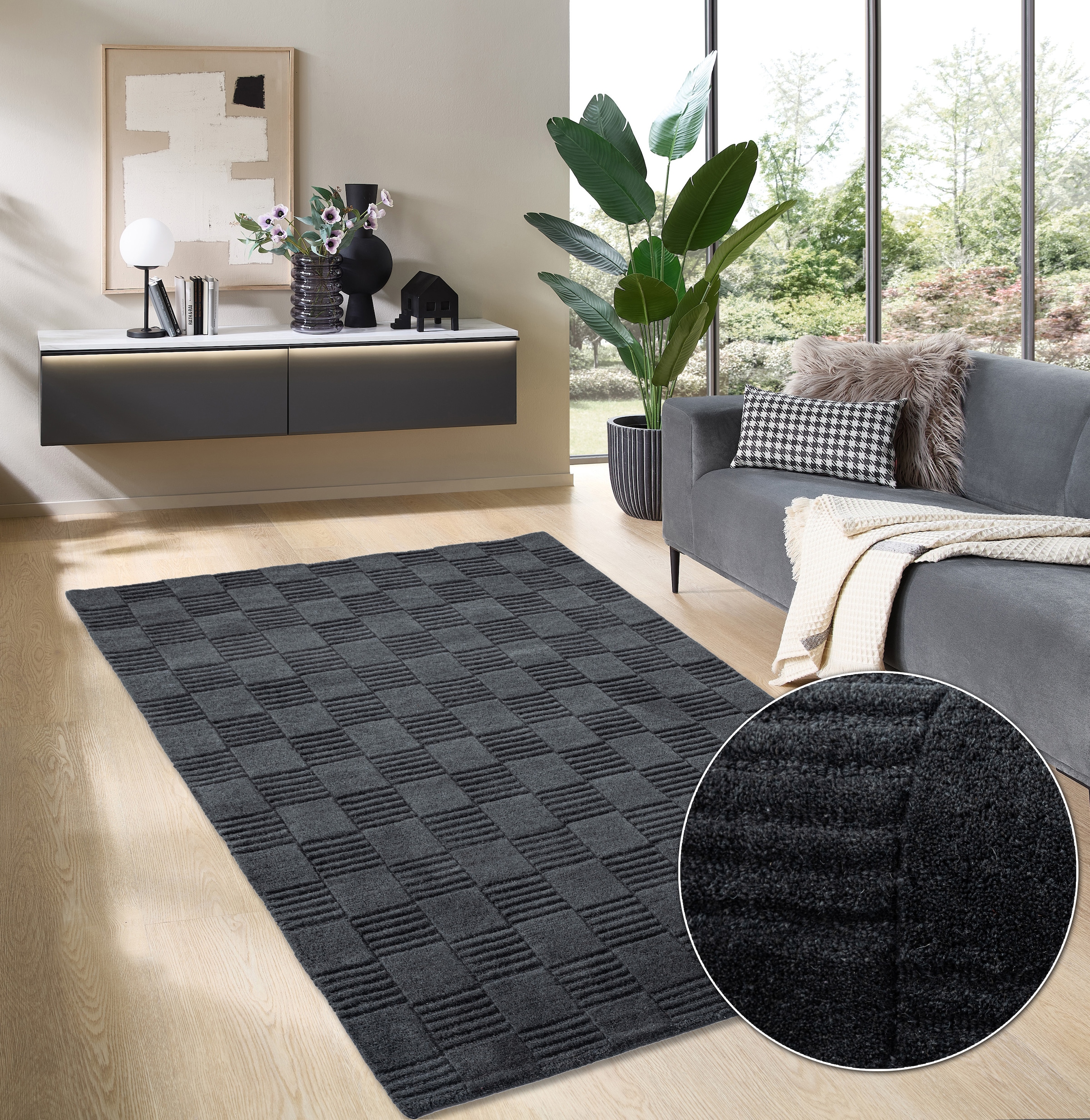 my home Wollteppich »Motala, Handgefertigt, Wolle, Hoch-Tief-Effekt,« rechteckig 14 mm Höhe einfarbig, 3D-Design, Wohnzimmer, Schlafzimmer, Esszimmer