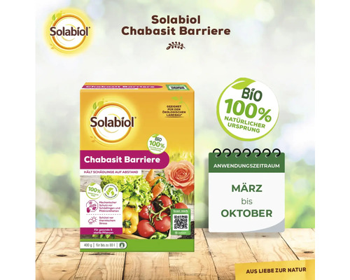 Plantversterkende werking Solabiol Chabasit Barrier 400 g houdt ongedierte op afstand, biedt mechanische bescherming tegen ongedierte en schimmelziekten en beschermt tegen thermische stress.