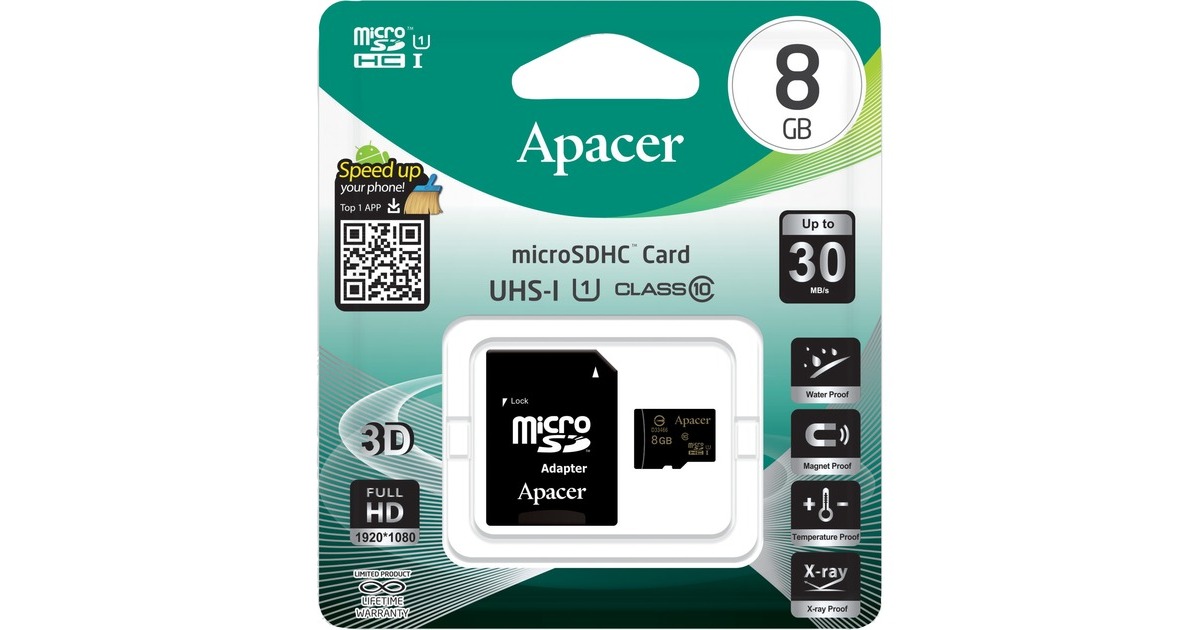 ApacermicroSDHC 8GB geheugenkaart  (AP8GMCSH10U1-R, Class 10, UHS-I, Incl. adapter)