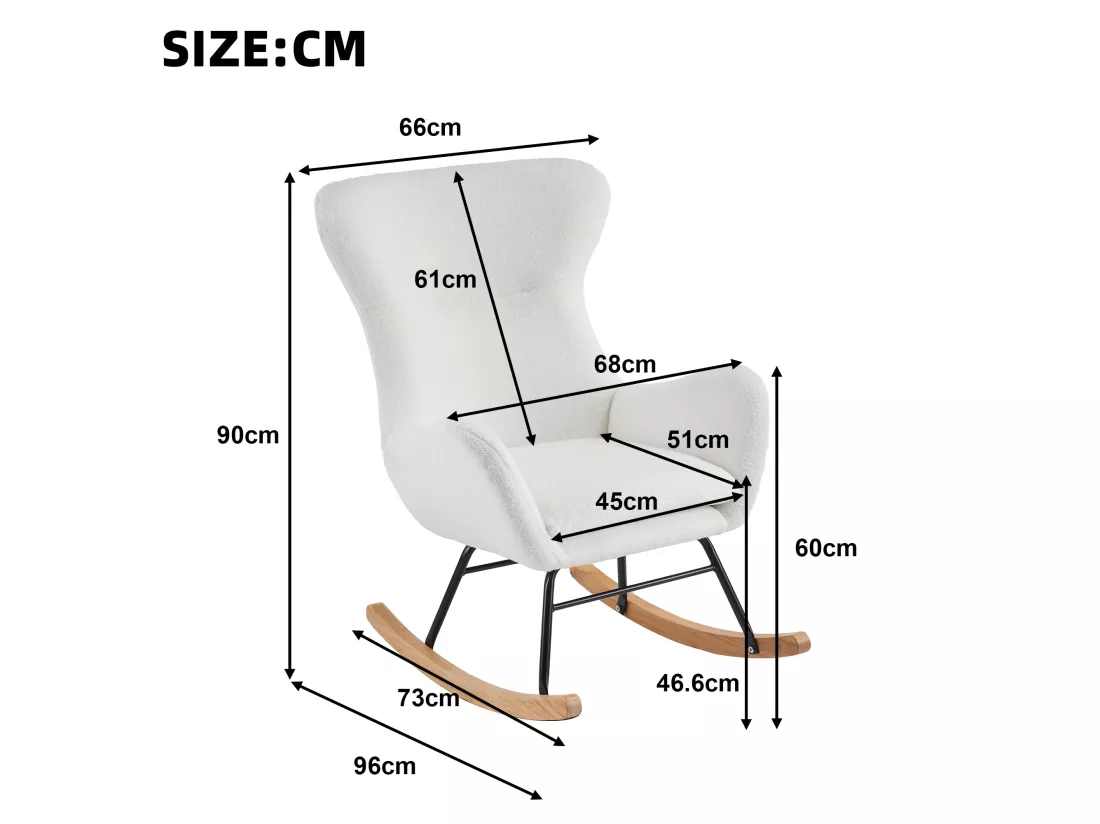 Fauteuil à bascule en tissu bouclette - structure en métal - pieds en bois massif - Blanc