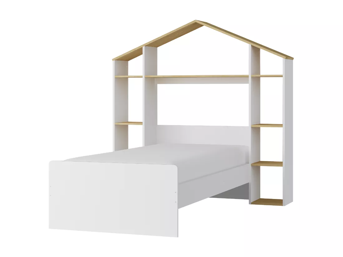 Lit cabane 90 x 190 cm - Coloris : Blanc et naturel + Matelas - JERACO