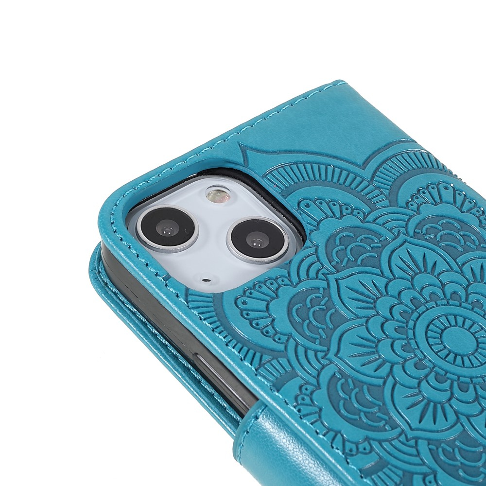 iPhone 13 Leder Tasche Wallet - Mandala Flowers Imprint - Blau