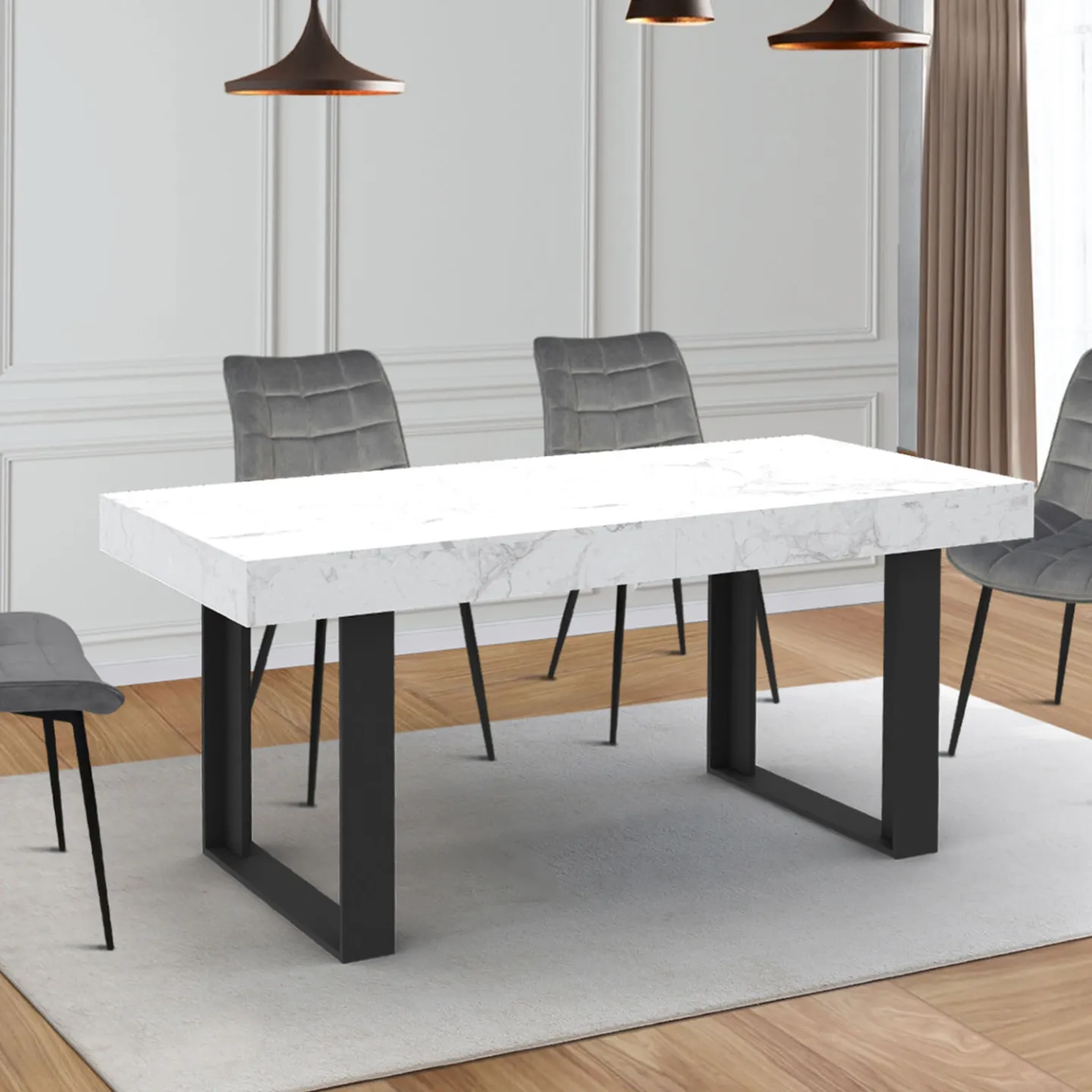 Table à manger extensible rectangle PHOENIX 4-8 personnes plateau effet marbre blanc ALASKA 160-200 cm