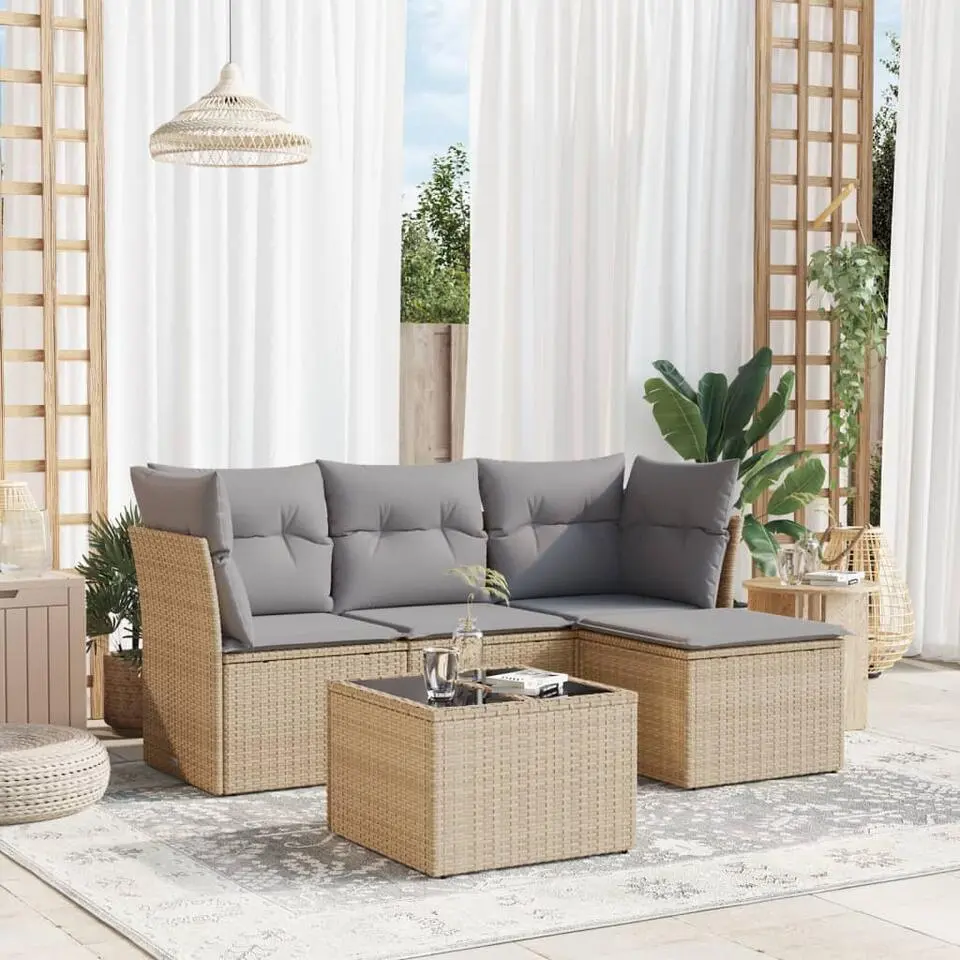 vidaXL - Loungeset - Beige - Poly rattan - 5 stuks - Met kussens