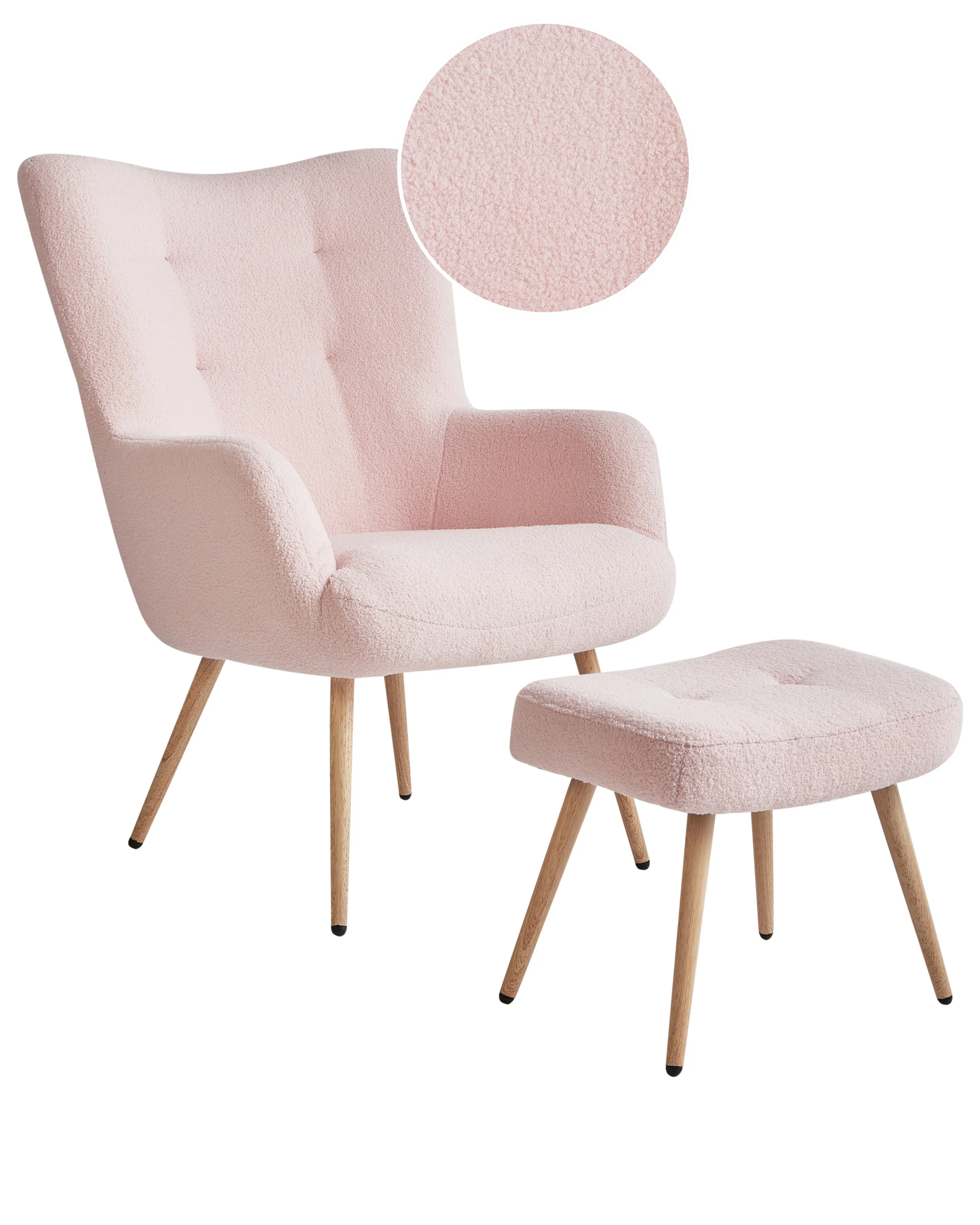 Oorfauteuil VEJLE met voetenbank Bouclé Pastelroze