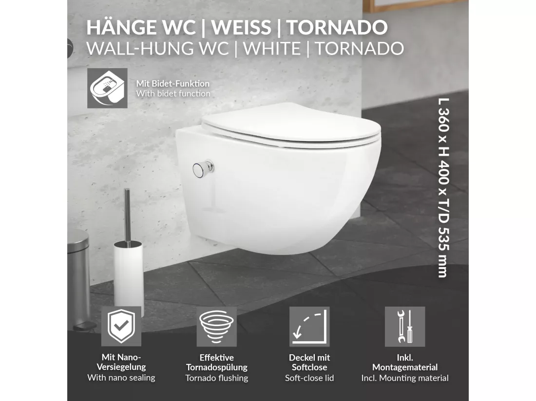 Toilette suspendu sans rebord longue blanc WC nano-revêtement pour salle de bain