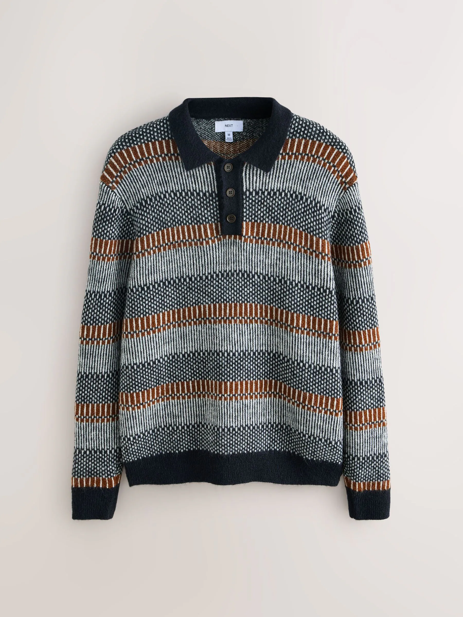 Donkerblauw - Regular Fit Stripe Long Sleeve Knit Polo Shirt