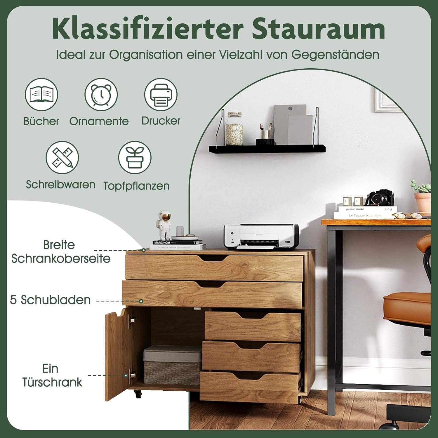 COSTWAY Rollcontainer mit 5 Schubladen & Schrank, mobiler Aktenschrank mit Rollen, Schubladenschrank mit Arbeitsplatte, Rollwagen Bürocontainer aus Holz für Zuhause, Büro (Natur,77,5 x 40 x 64 cm)