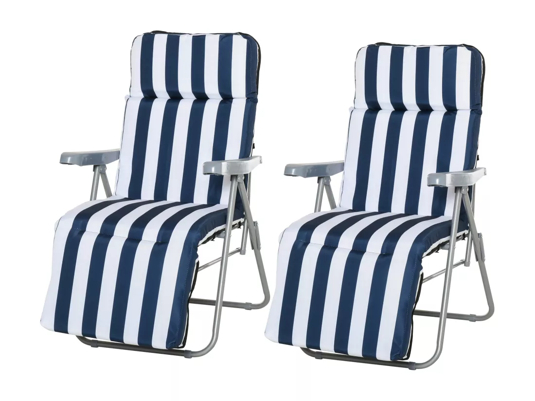 Lot de 2 chaise longue bain de soleil adjustable pliable transat lit de jardin en acier bleu + blanc