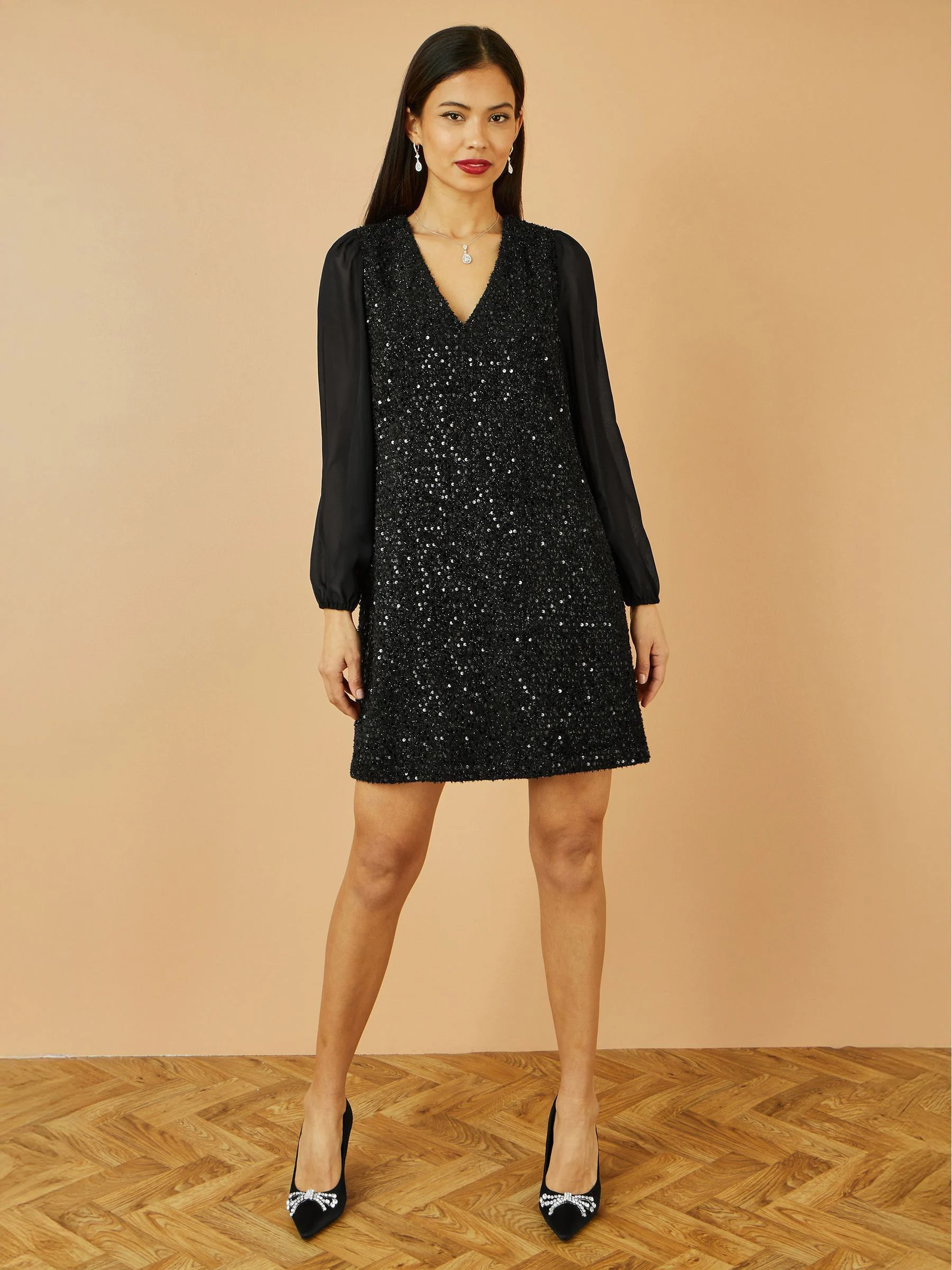 Zwart - Yumi Sequin Tunic With Tie Back And Sheer Sleeves
