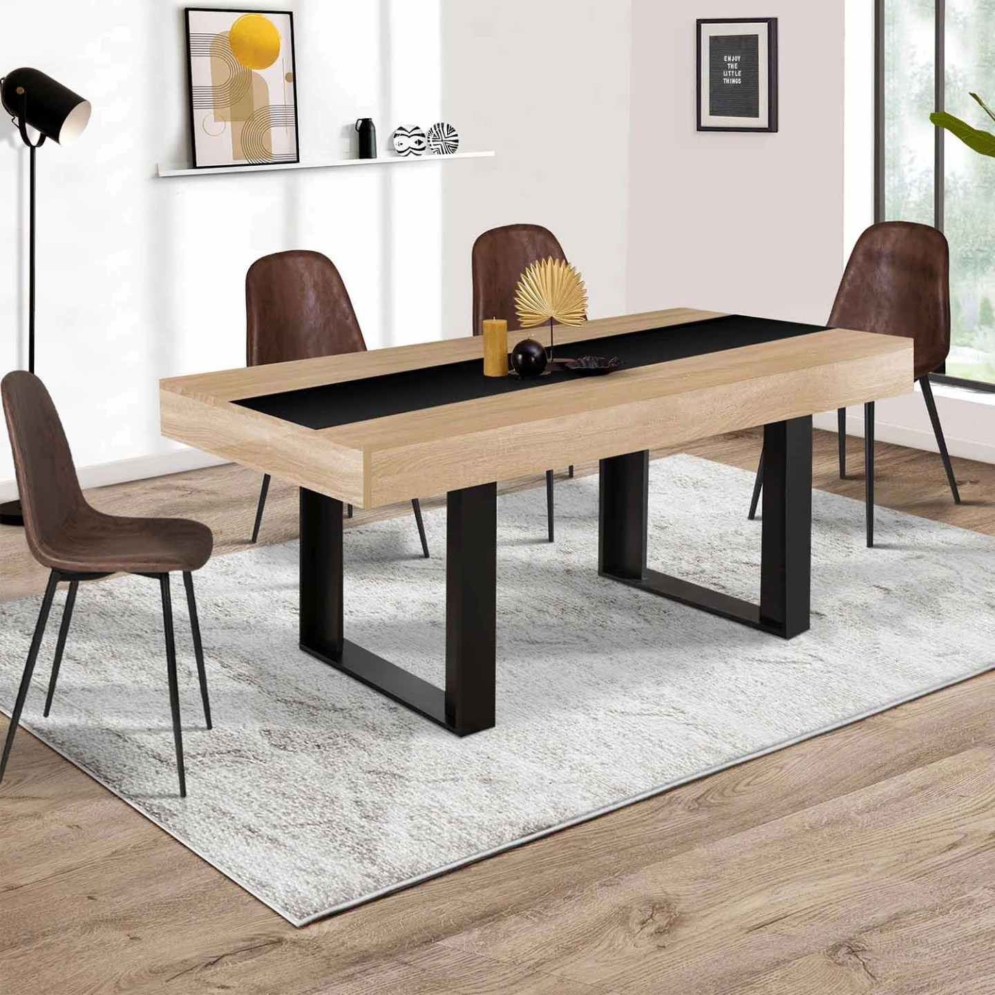Table à manger extensible rectangle PHOENIX 4-8 personnes bois et noir bande centrale noire 160-200 cm