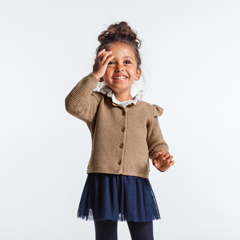 Gilet maille fantaisie irisée à volants beige bébé fille
