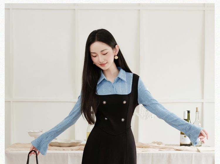 Cocaliso - Mock Two-Piece Long-Sleeve Collar Two Tone Midi A-Line Dress