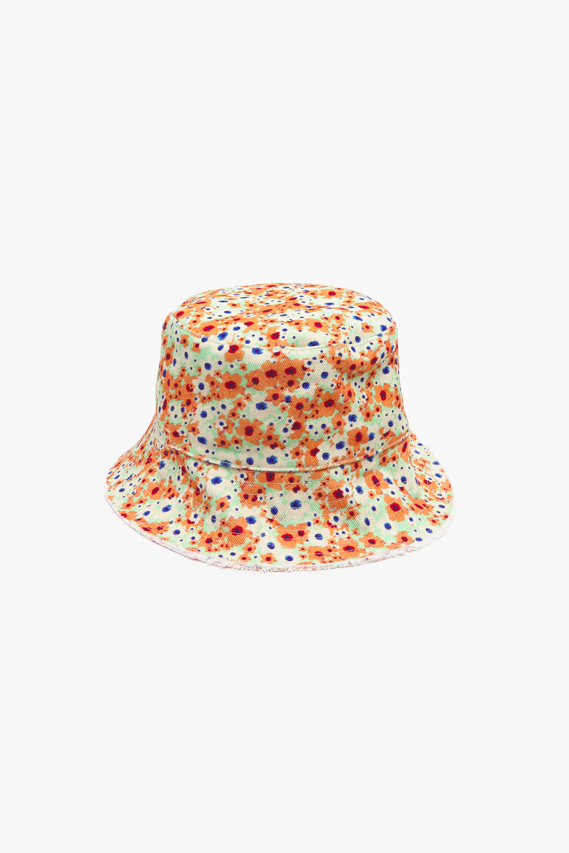 Chapéu bucket de algodão com estampa floral laranja vibrante.