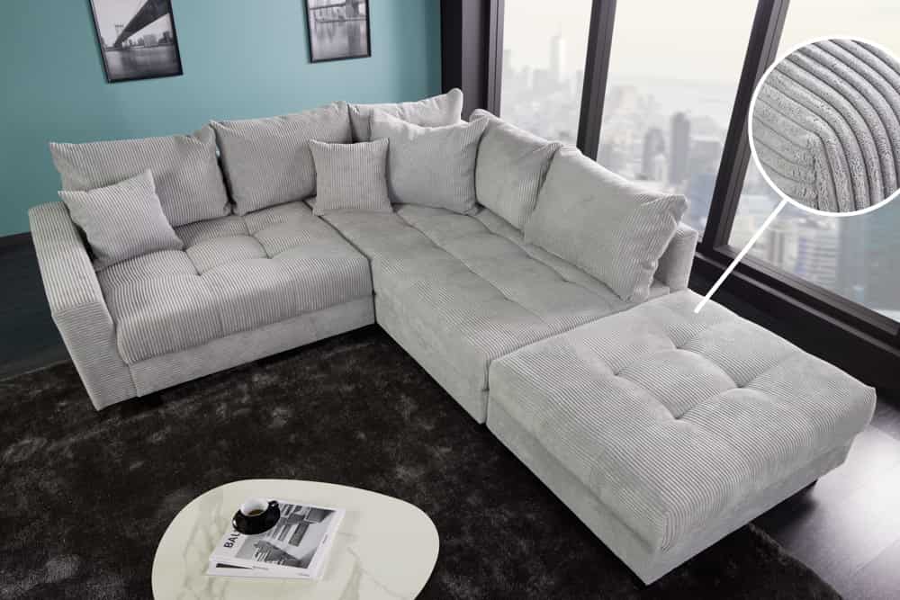 Modernes Ecksofa KENT 220cm hellgrau Cord inkl. Hocker Federkern L-Form Wohnlandschaft