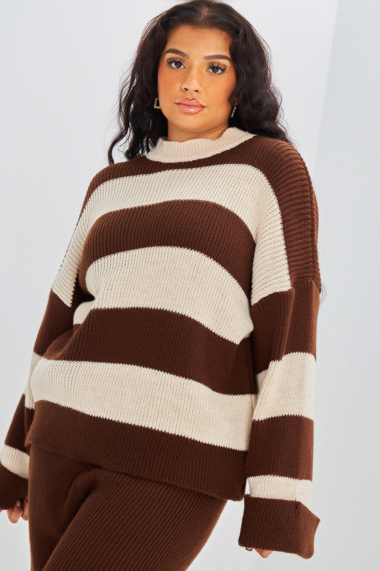 Ensemble 2 pièces pull + pantalon bicolore marron/beige