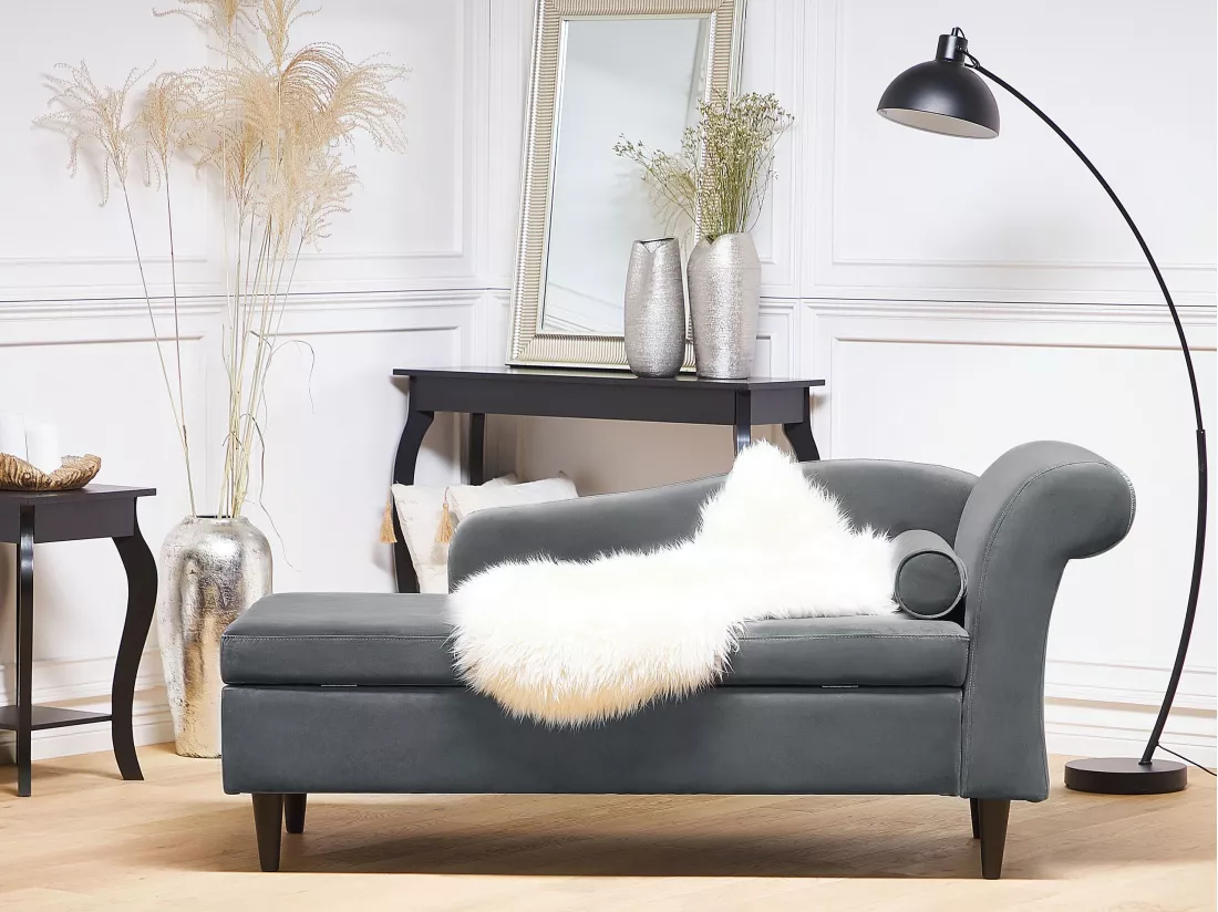 Chaise longue côté droit en velours gris clair LUIRO