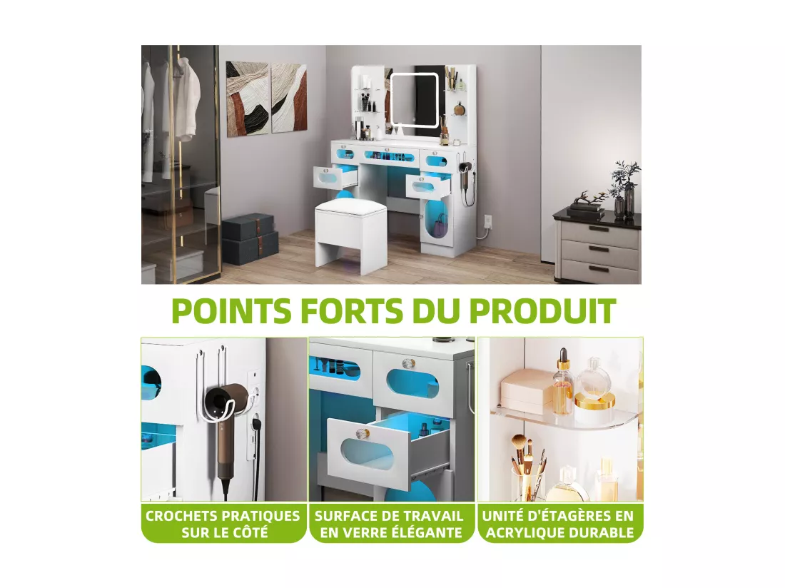 YITAHOME Coiffeuse avec éclairage - Miroir et Prises - avec Tabouret - Blanche - Table de Maquillage