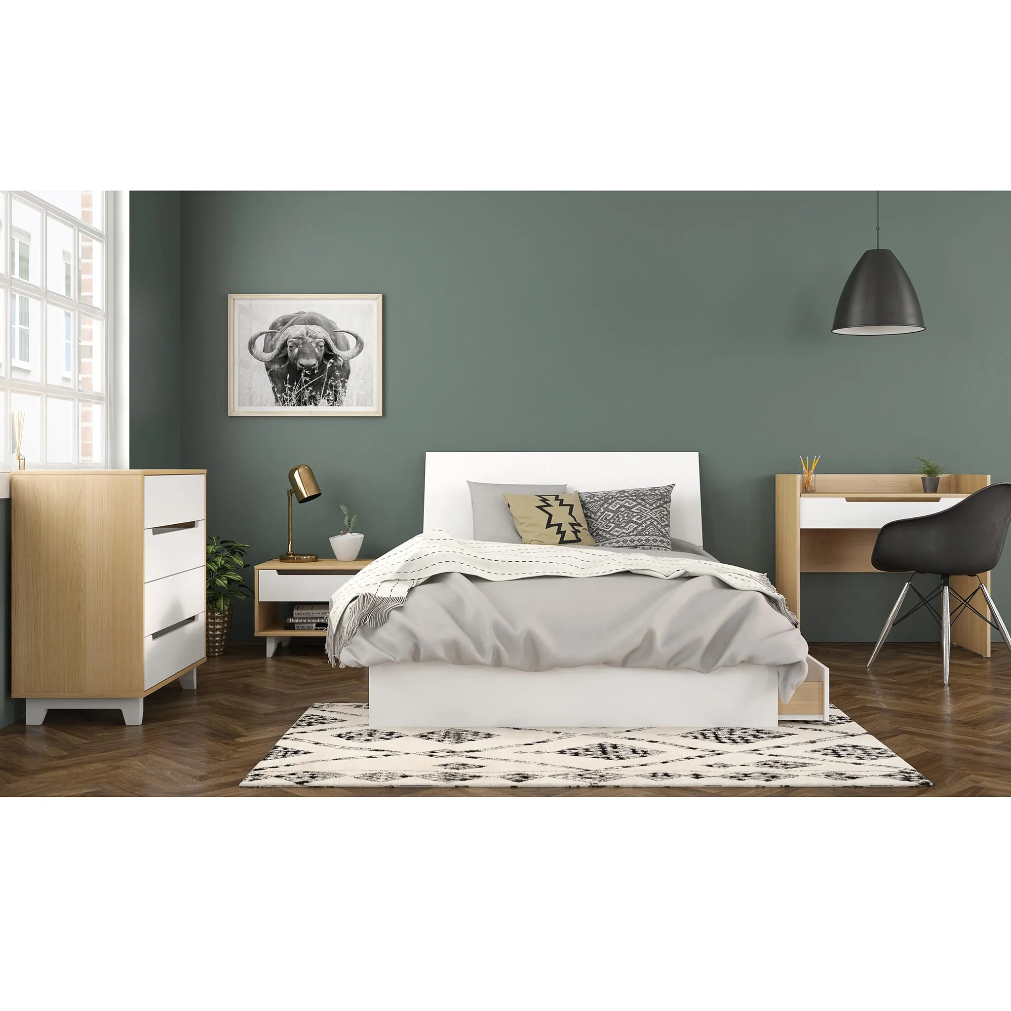 Nexera Bureau 4 Tiroirs Nomad - Blanc et Érable Naturel
