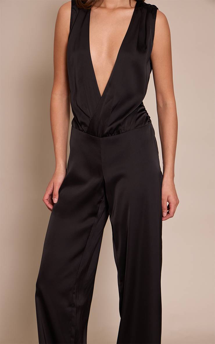 Noir Combinaison-pantalon En Satin À Décolleté Plongeant Et Taille Basse