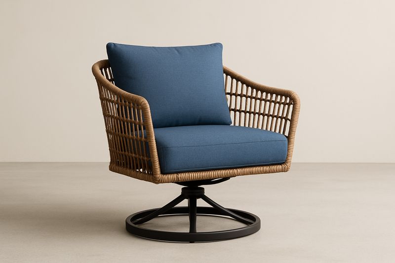 Garten-Drehstuhl aus PE-Rattan mit blauem Gewebe