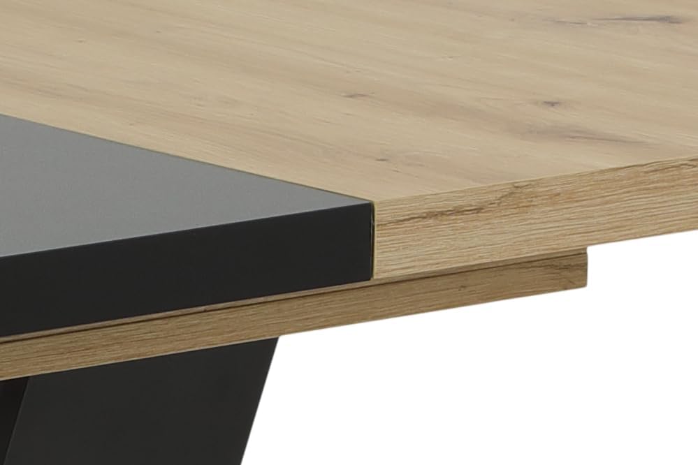 Hela Tische, Ausziehbarer Esstisch Hamm, Dekor Artisan Eiche und Schwarz, 140-180 x 90 cm, V-förmiges Gestell, Synchronauszug, Melaminbeschichtung und ABS Kante