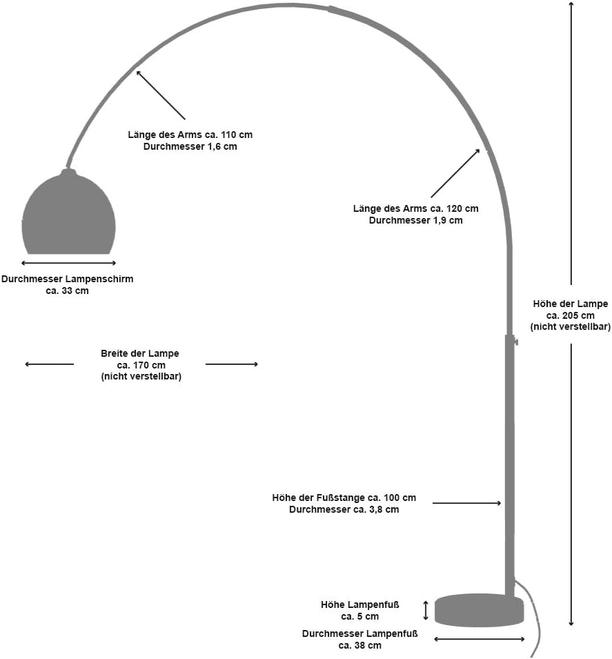 SalesFever Steh-Lampe weiß lackiert mit Dimmer und Fuß aus Marmor 205x170 cm | Big Mess | Steh-Leuchte groß mit kugelförmigen Lampenschirm | Bogen-Lampe für Wohnzimmer 205cm x 170cm