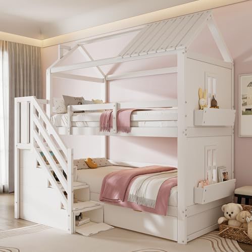FAYICIC - Stapelbed - Wit - 90 x 200 cm - Multifunctioneel Kinderbed met Opbergtrap en Laden
