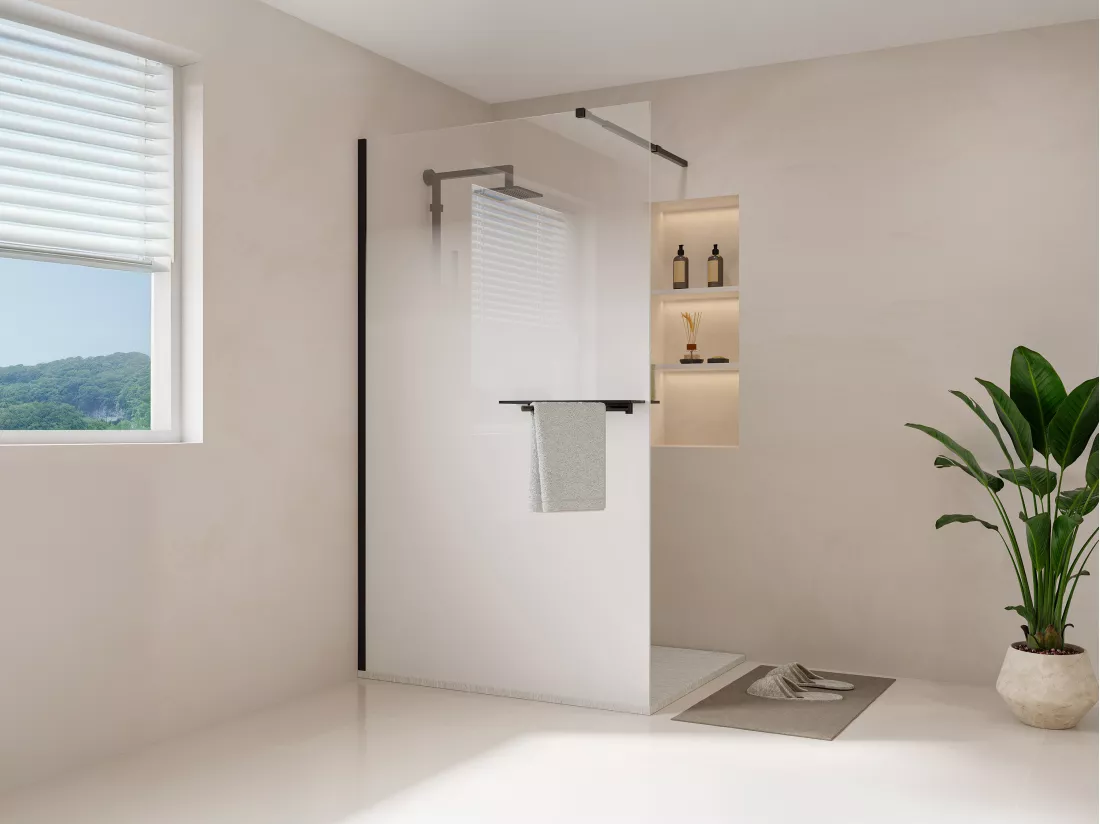 Paroi de douche à l'italienne brume avec porte serviette et étagères - 120 x 200 cm - Noir mat - POMARO