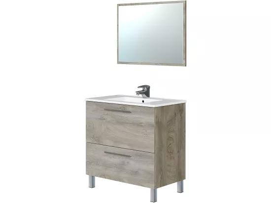 Meuble salle de bain 80 cm + 1 Miroir coloris Alaska chêne à nœuds - Longueur 80 x Hauteur 80 x Profondeur 45 cm