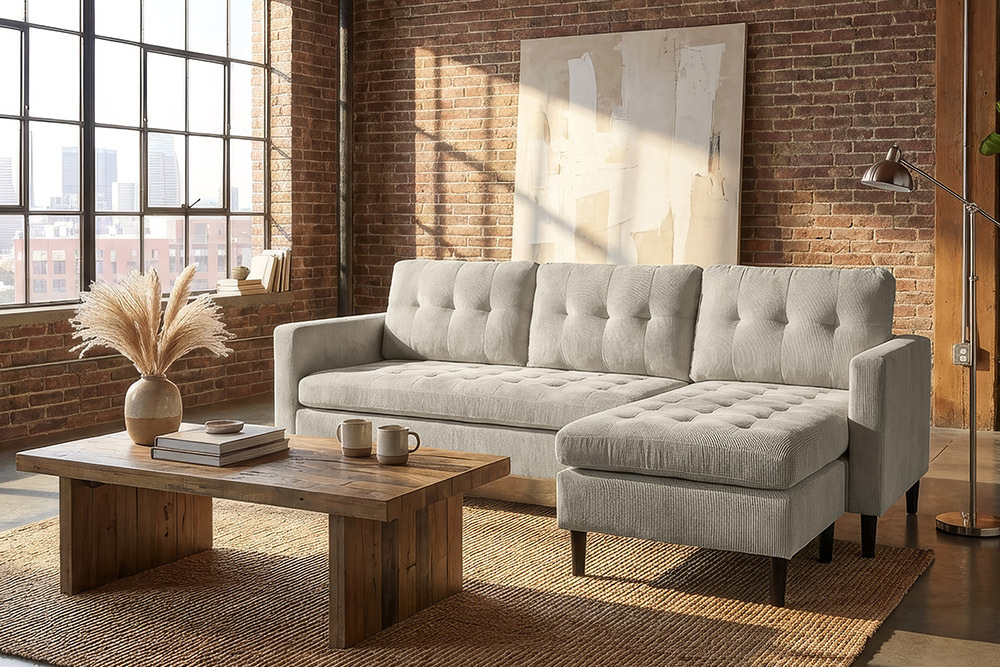 Modernes Ecksofa STOCKHOLM 220cm hellgrau Cordstoff Federkern 3-Sitzer-Sofa