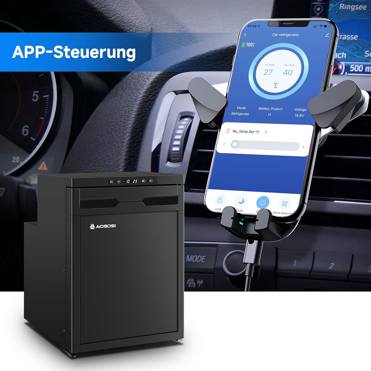 AAOBOSI 45L Kompressor Kühlbox, Wohnmobil Kühlschrank mit APP-Steuerung, 12/24V DC, Kühlbox Auto mit LED-Leuchten, bis -20℃ Kompressor Kühlschrank für Auto, LKW, Boot, Reisemobil, Camping und Reisen