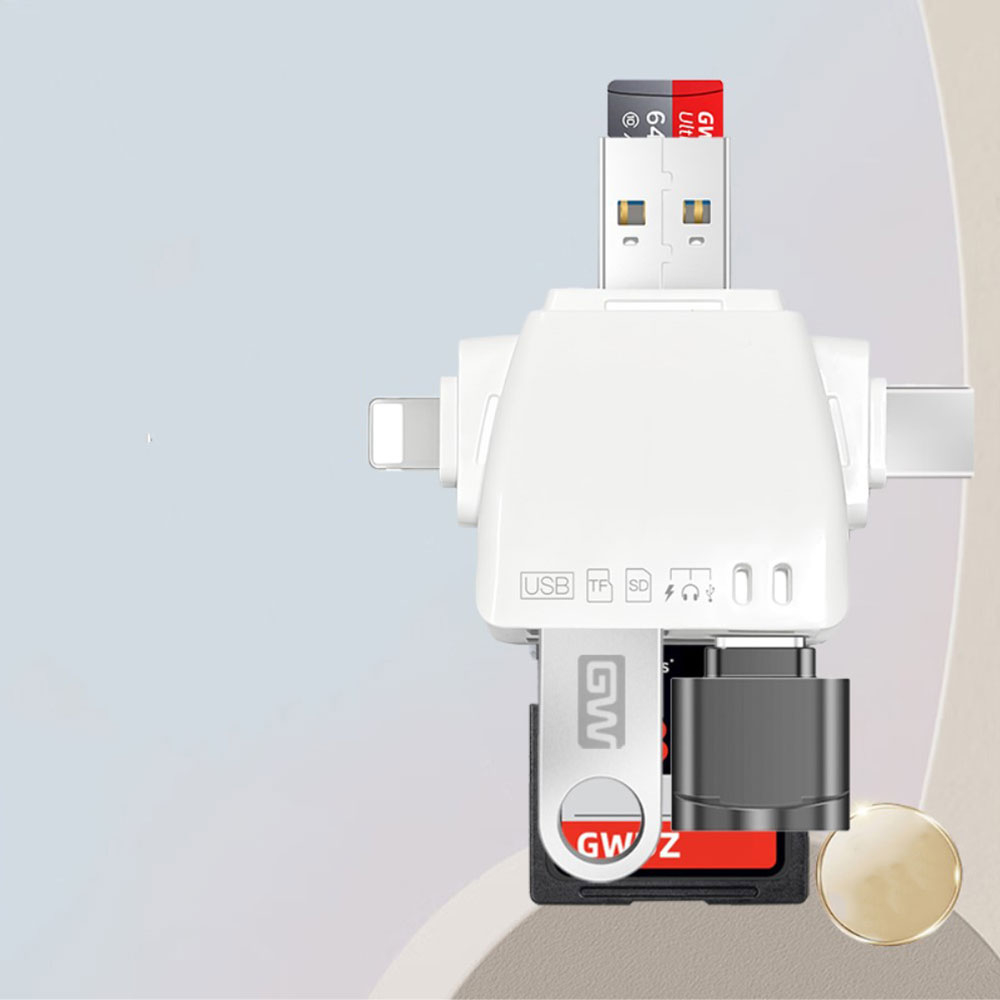 7in1 Mini OTG Kartenlesegerät Card Reader für SD und microSD-Karten mit Lightning / Micro USB / USB C / USB A - Schwarz
