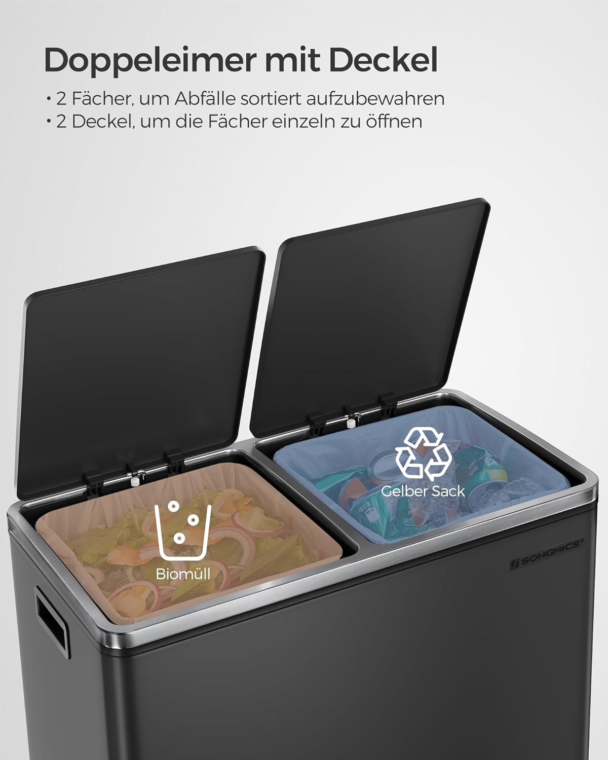 SONGMICS Mülleimer, 2 x 30 Liter, 2 Fächer, Mülltrennsystem, Treteimer, Abfalleimer Küche, 15 Müllsäcke, Metall, Inneneimer aus Kunststoff, Klappdeckel, Softclose, luftdicht, schwarz LTB60BK